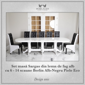 Set-masa-Sargas-din-lemn-de-fag-alb-cu-6-14-scaune-Berlin-Alb-Negru-Piele-Eco