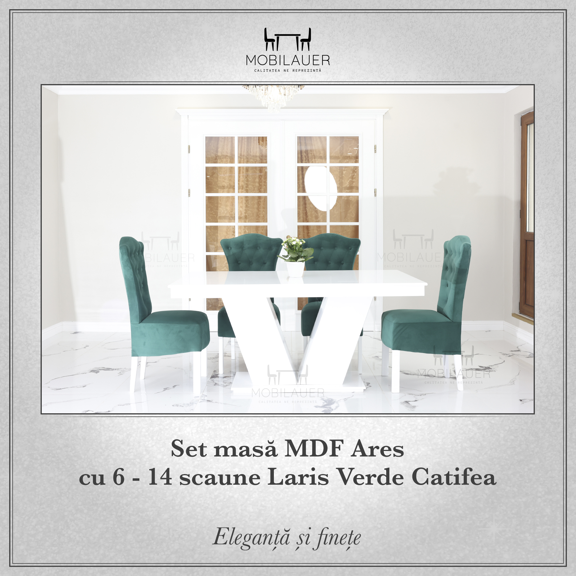 Ares - Set Masa MDF 6 Persoane + 6 Scaune Laris Verde Catifea