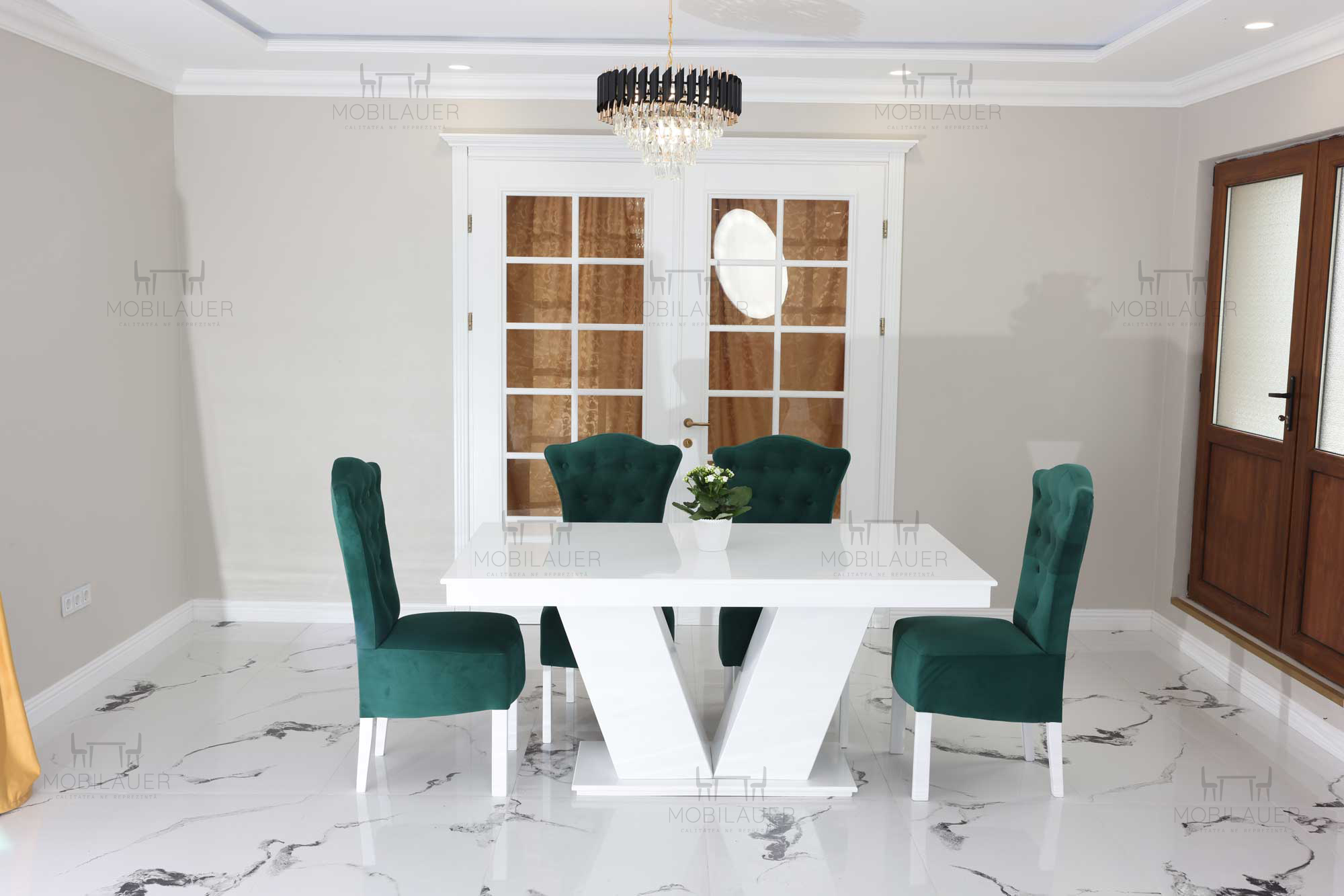 Ares - Set Masa MDF 6 Persoane + 6 Scaune Laris Verde Catifea - imagine 2