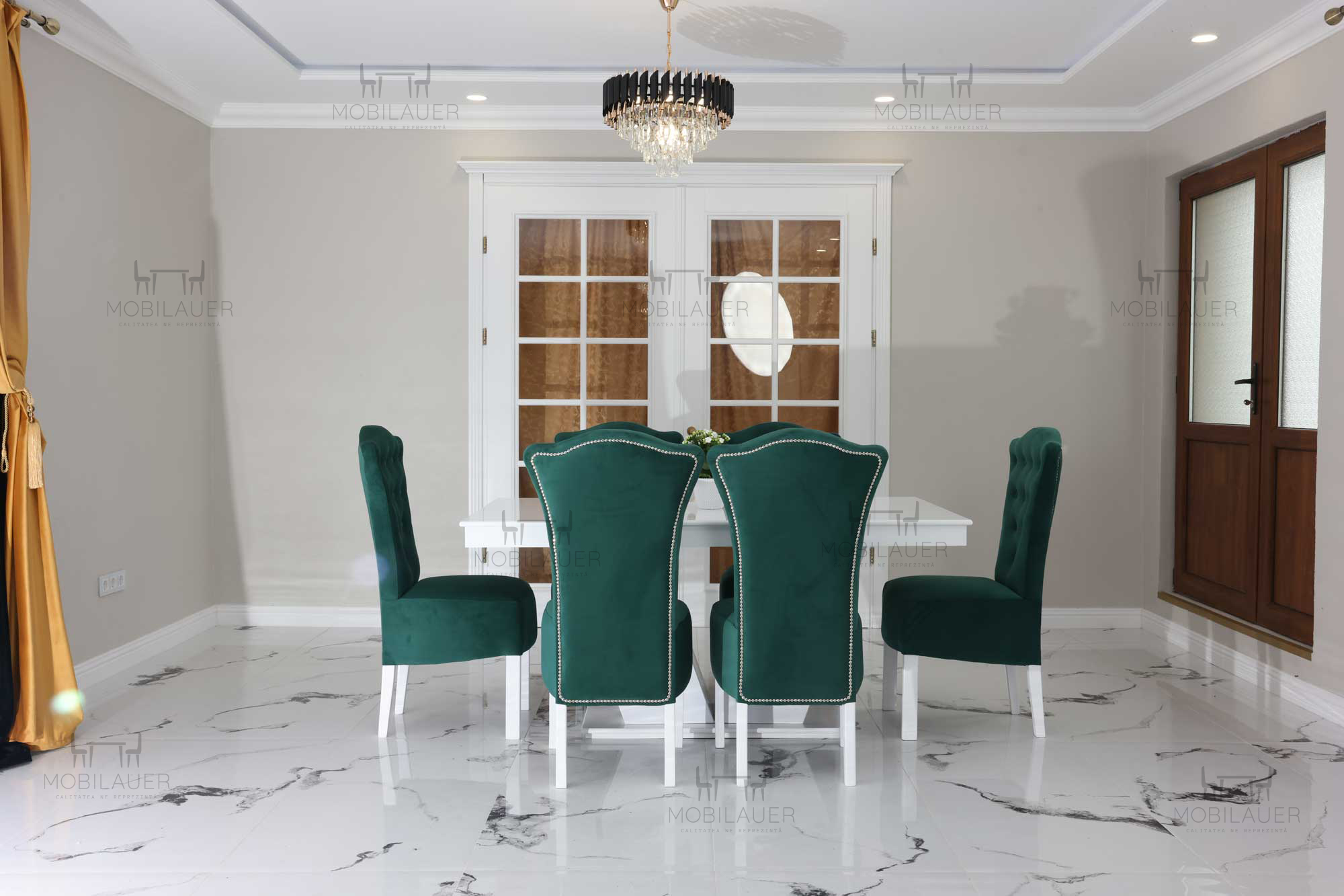 Ares - Set Masa MDF 6 Persoane + 6 Scaune Laris Verde Catifea - imagine 3