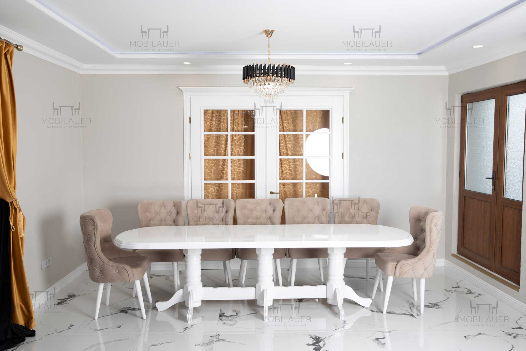 Bellatrix - Set masa Lem Fag alba 12 Persoane + 12 scaune Polaris Catifea Crem