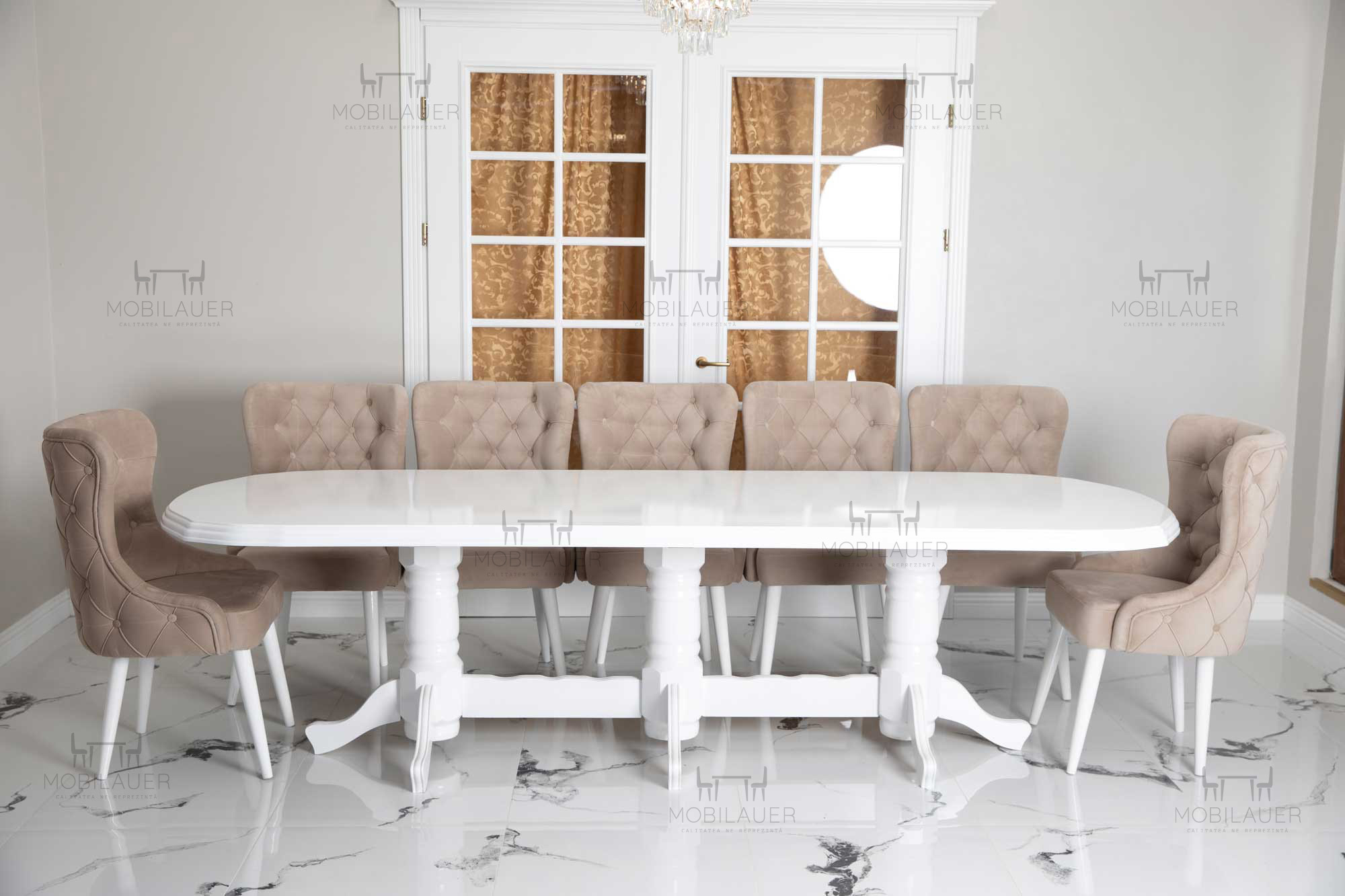 Bellatrix - Set masa Lem Fag alba 12 Persoane + 12 scaune Polaris Catifea Crem - Image 3