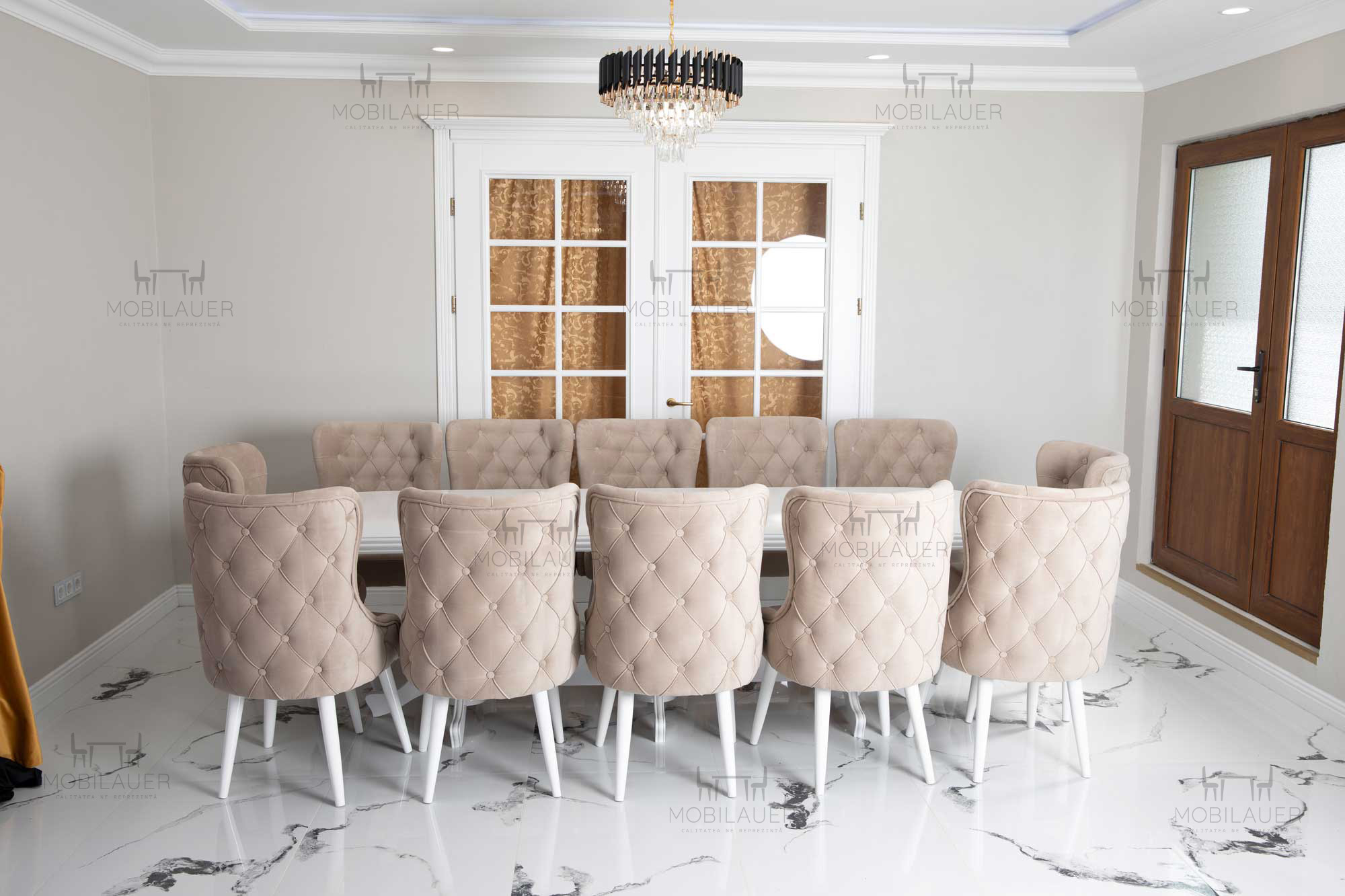 Bellatrix - Set masa Lem Fag alba 12 Persoane + 12 scaune Polaris Catifea Crem - Image 4