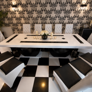 Amaris - Set Dining MDF Alb-Negru cu 12 Scaune Tapițate