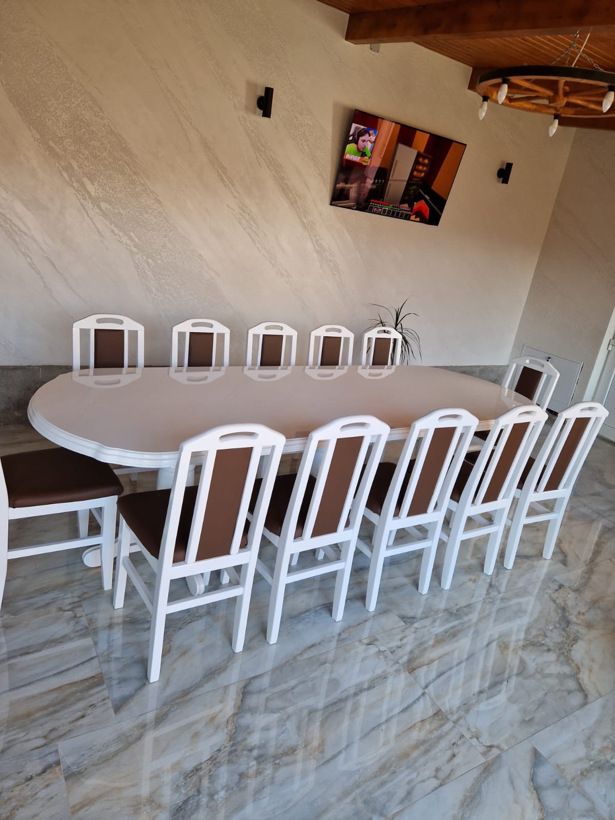 Set masa Lemn Masiv alba cu 12 scaune Alb-Maro Lemn Fag - Image 3