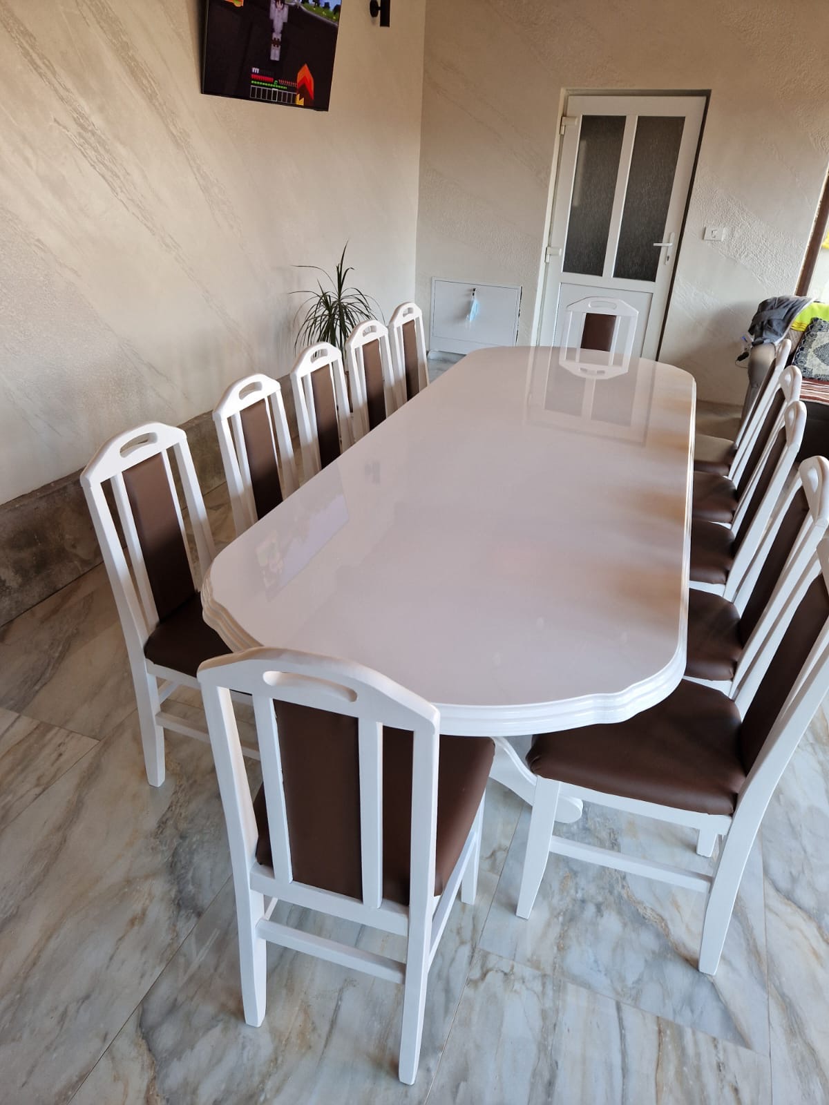 Set masa Lemn Masiv alba cu 12 scaune Alb-Maro Lemn Fag