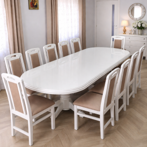 Set Masa Dining din Lemn de Fag Alba cu 12 Scaune Lemn Tapițate