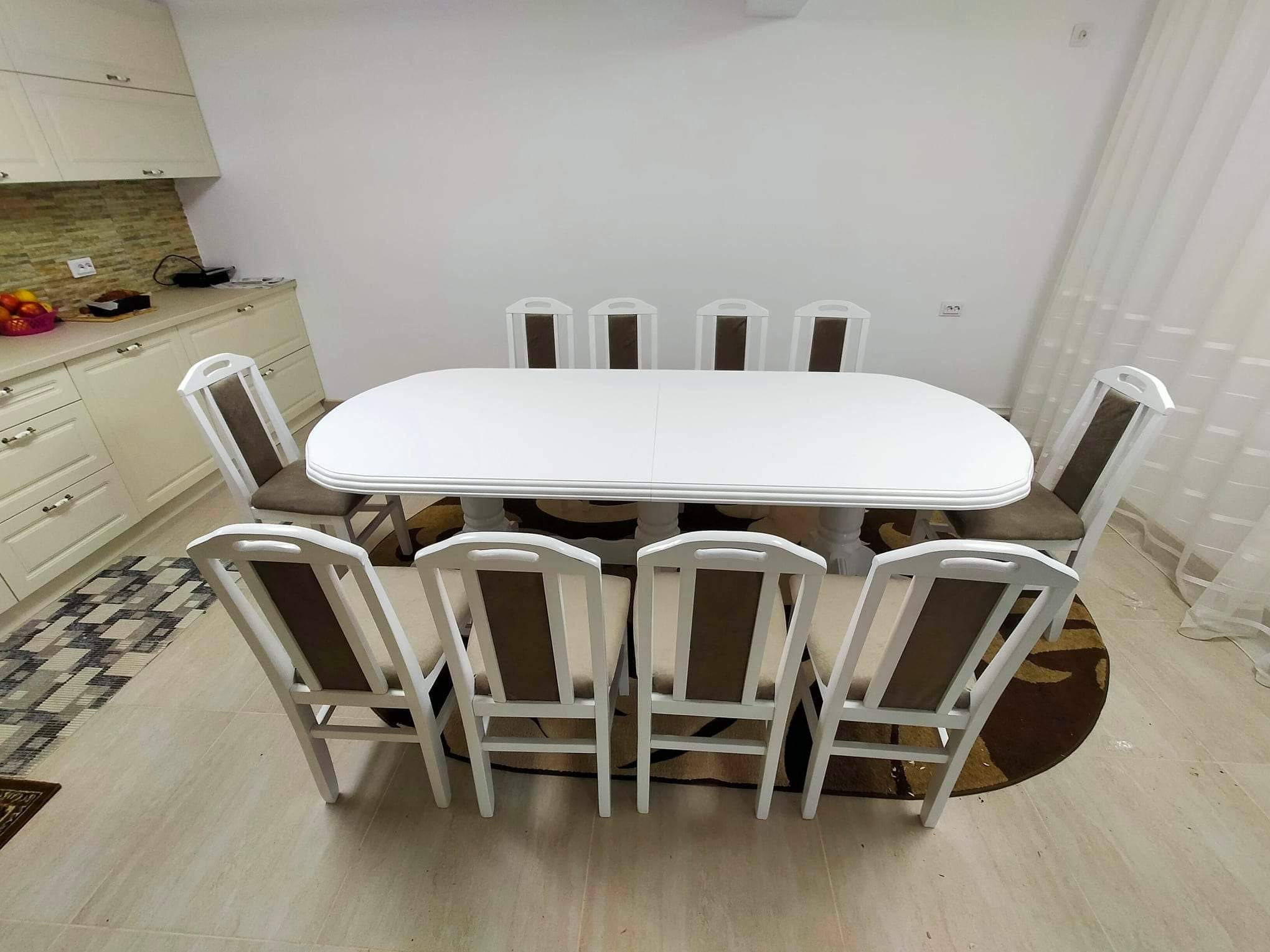 Set masa Lemn Masiv alba cu 12 scaune Alb-Maro Lemn Fag - Image 5